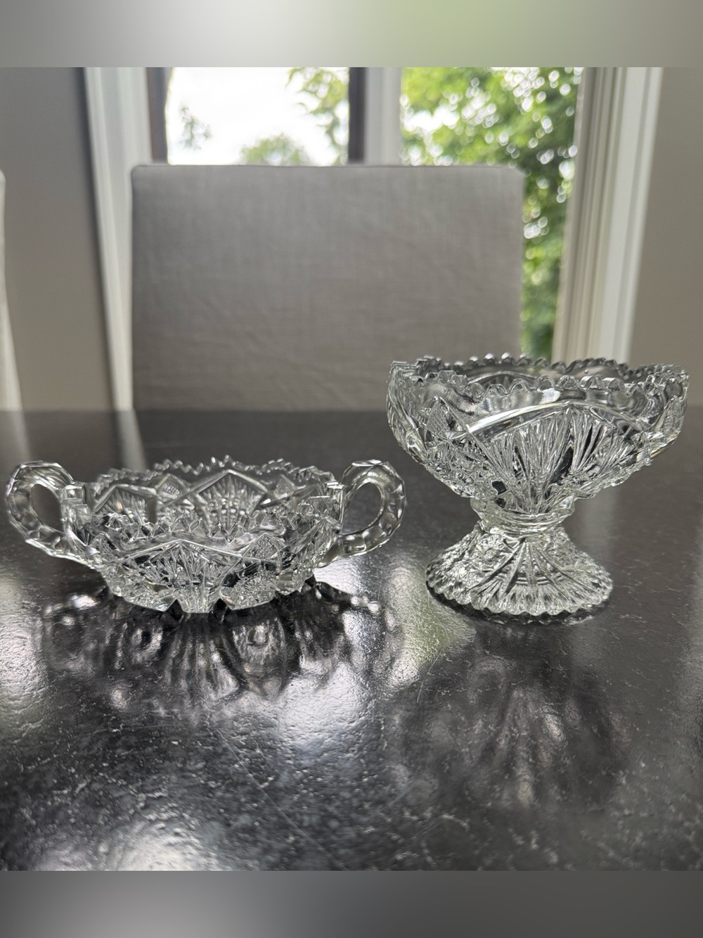 Imperial Glass Cut Crystal Compote and Nappy Dish- Diamond & Fan Pattern